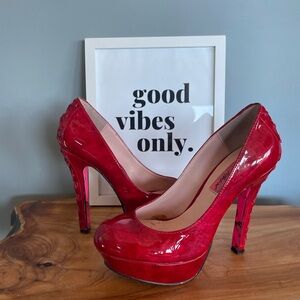 Betsey Johnson Red Patent Platform Dita Pumps Corset Details
